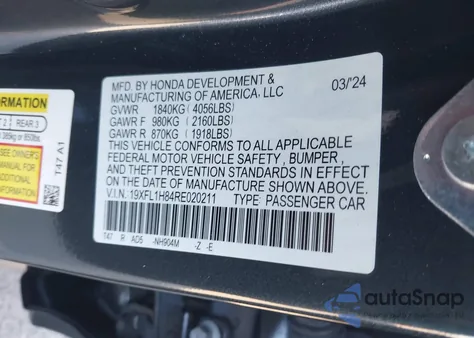 2024 Honda Civic Sport Touring from USA, damaged, VIN 19XFL1H84RE020211